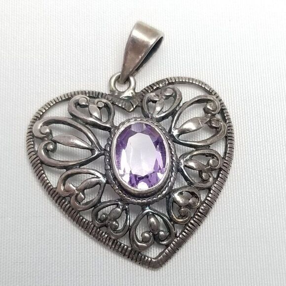 Vintage Sterling Silver Heart Shape Pendant Oval Purple Rhinestone Center Estate - Picture 7 of 7
